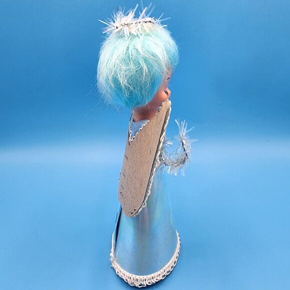 Vintage 1960s Blue Hair Angel Tree Topper Iridescent Gown Tinsel Halo Retro Xmas - Picture 7 of 12